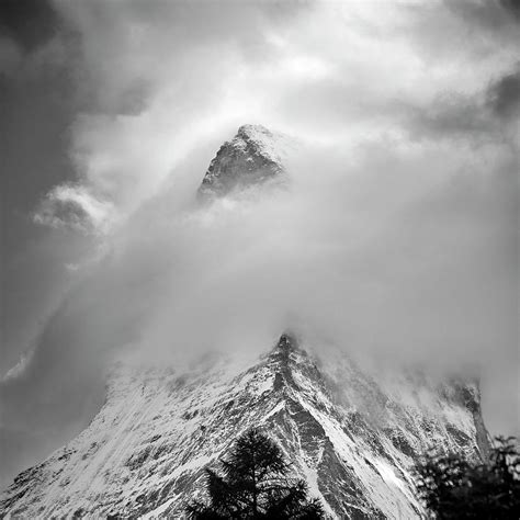 Foggy Mountains Matterhorn 4478 Meters Swiss Alps Switzerland Bw