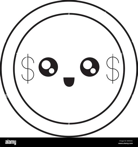 Flat Line Uncolored Kawaii Coin Vector Illustration Stock Vector Image
