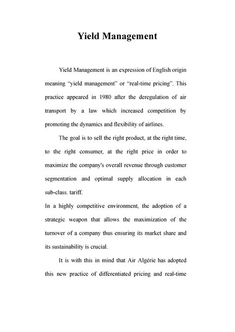 Yield Management - Yield Management Yield Management is an expression