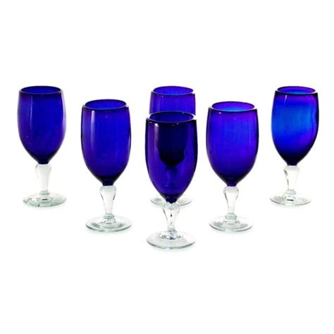 Novica Artisan Handblown Goblets Cobalt Blue Mexican Wine Glasses Cocktail Glassware Night Sky