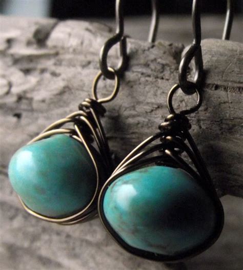 Turquoise Earrings Turquoise Wire Wrapped Earrings Brass