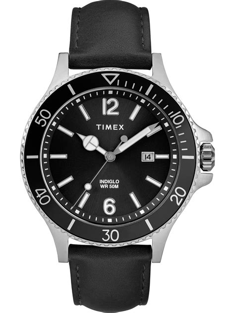 Timex Mens Harborside 42mm Black Leather Strap Watch