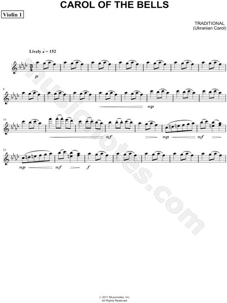 The style of the score is christmas. Ukrainian Carol "Carol of the Bells - Violin 1 (String ...