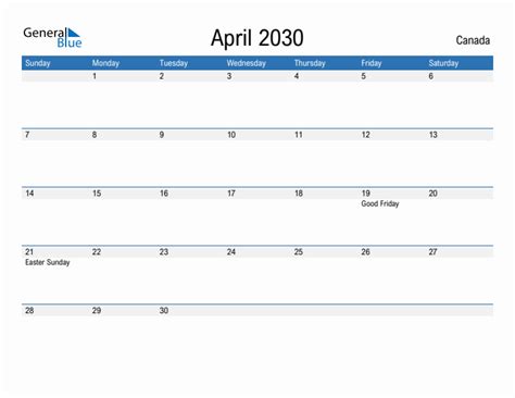 Editable April 2030 Calendar With Canada Holidays