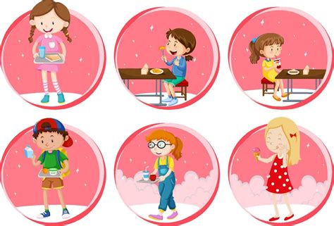 Set Of Little Boy And Girl Eating Food On White Background 6158517