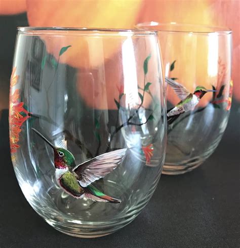 Hummingbird Wine Glass Hand Painted Floral Tree Summer Bird Peindre Bocaux En Verre Peindre