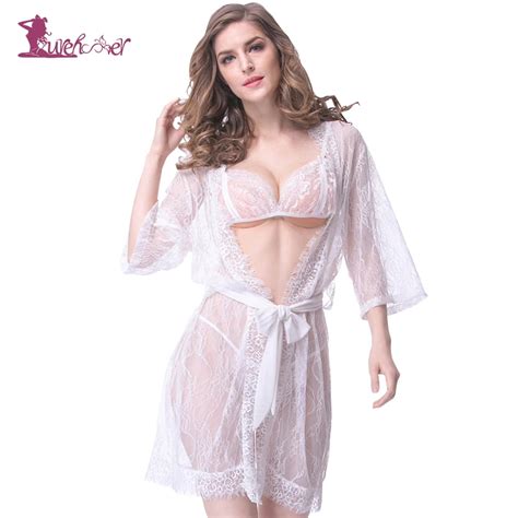 Lurehooker 2017 Sexy Lingerie Hot White Perspective Lace Nightgown 3 Piece Outfit Erotic
