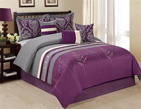 Unique Home 7 Piece Dala Tree Branch Print And Embroidery Clearence Purplegrey Comforter Set