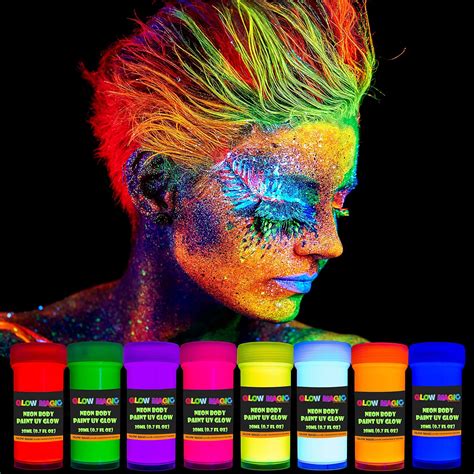 Glow Magic Neon Uv Body Paint Set 8 X 20ml Black Light Make Up Bodypainting Neonn