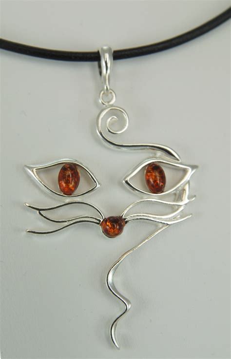 Large Sterling Silver Cat Face Silhouette Pendant With Amber Eyes 2 14