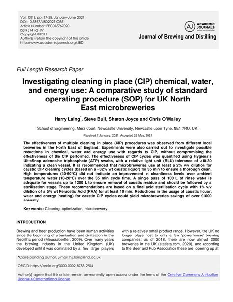 Pdf Investigating Cleaning In Place Cip Chemical Water And Energy