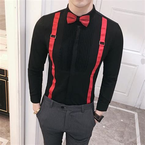 Bow Tie With Suspender Detail Men Long Sleeve Dress Shirt