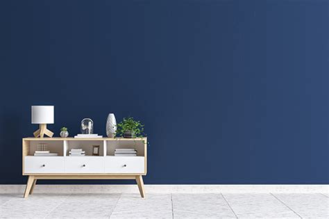 Download Chest Of Drawers In Living Room Interior Dark Blue Wall Mock Up Background Stock Photo ...