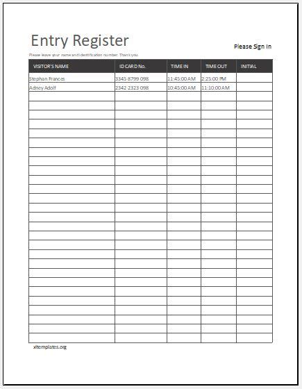 Visitor Entry Register Templates For Ms Excel Excel Templates