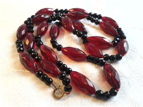 Vintage Glass Bead Necklace Very Long Edwardian Red And Etsy UK