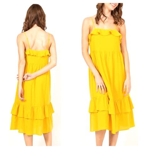 Yellow Tiered Ruffle Hem Midi Dress With Shirred Front In 2020 Dresses Midi Dress Ruffle Hem