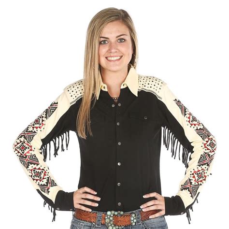 Womens Cowgirl Tuff Fringe Button Black Top Cowgirl Tuff Shirts Clothes Fashion