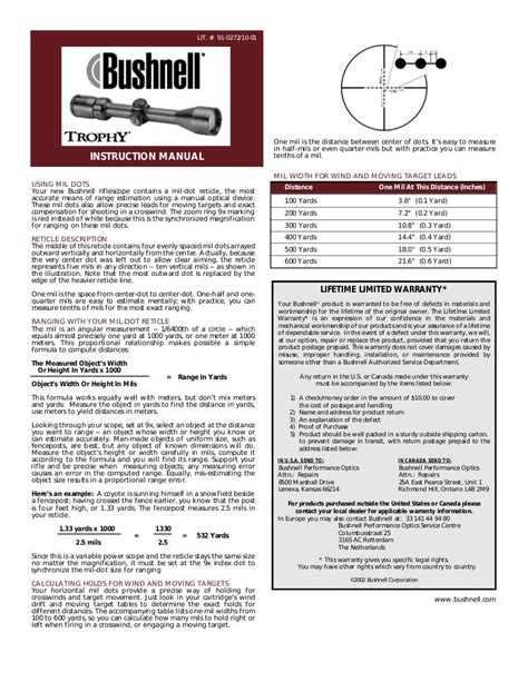 Instructions Bushnell Trophy Mil Dot Riflescope Optics Trade