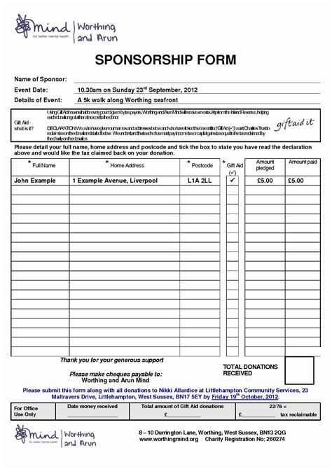 Sponsorship Form Template In Exchange For Financial Or Otherprintable
