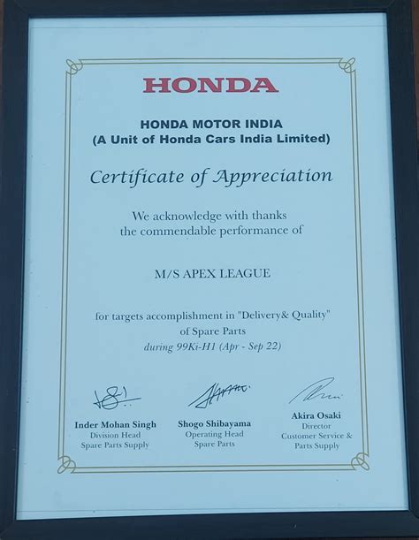 Certificate Of Appreciation For Commendable Performance In ” Delivery