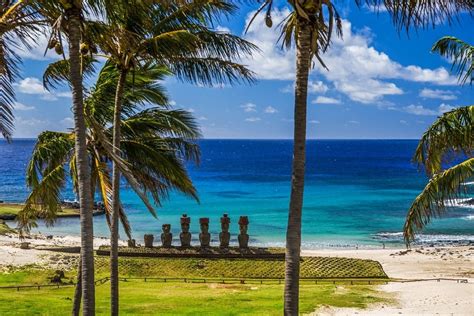 480p Nature Landscape Beach Sea Palm Trees Grass Sand Moai Statue