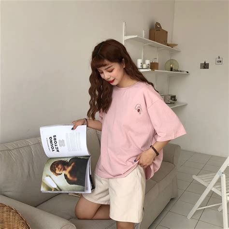 Korean Style Ulzzang T Shirt Top Womens Clothing Summer Loose Printing Pink Short Sleeve T