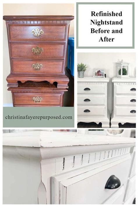 Two White Dressers With The Words Refinished Nightstand Before And After
