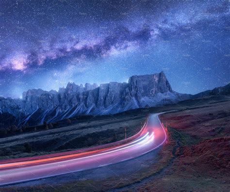 Milky Way Over Mountain Road Travel Tree Light Trails Night Landscape