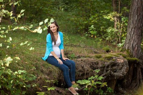 Beautiful Portrait Of Pregnant Woman In The Forest Stock Photo Image Of Belly Green