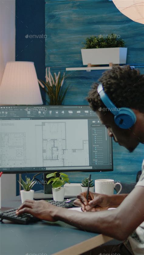 Person Working With Sketch Of Blueprint Plan On Computer Stock Photo By