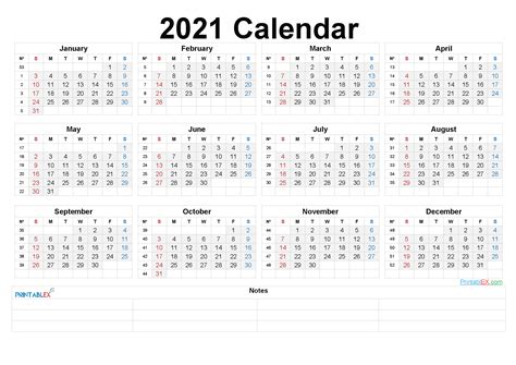 2021 Calendar With Day Numbers