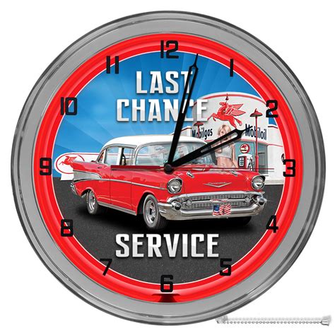 Last Chance Mobil Gas Station Light Up 16 Red Neon Garage Wall Clock