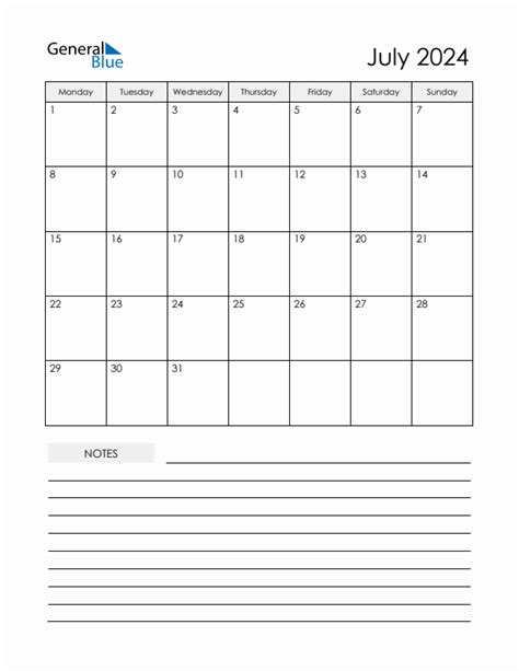 July 2024 Monday Start Calendar Pdf Excel Word
