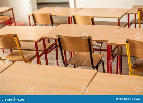 Chairs And Tables Inside Empty Classroom In Primary School Stock Image Image Of Desk
