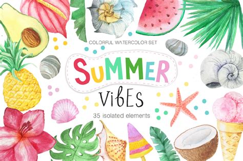 Watercolor Summer Vibes Set In Illustrations On Yellow Images Creative