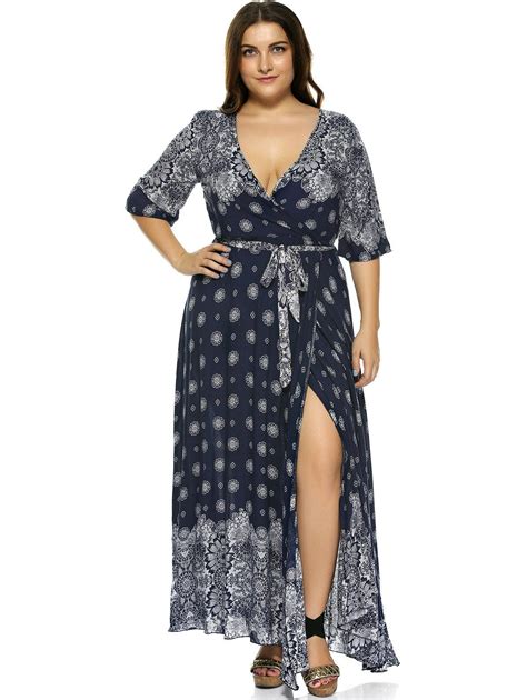 2018 Plus Size Boho Print Flowy Beach Wrap Maxi Dress Deep Blue Xl In