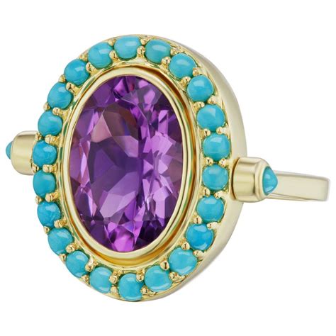 Karat Yellow Gold Turquoise Pave Halo And Amethyst Cocktail Ring At
