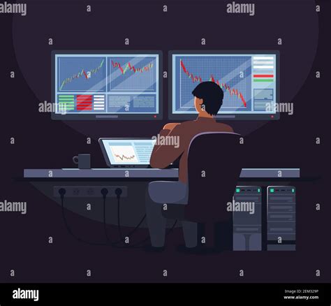 Stock Broker Sitting At Trader Desk In Front Of Computer Screen Flat