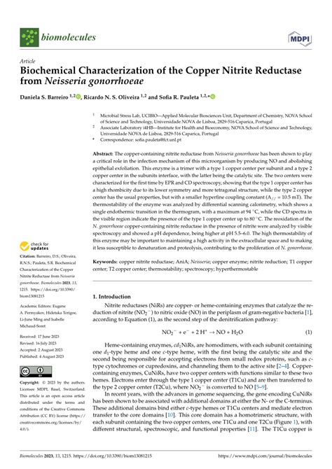 PDF Biochemical Characterization Of The Copper Nitrite Reductase From