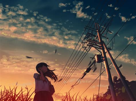 Anime Anime Girls Sky Clouds Summer Sunset Utility Pole Moescape