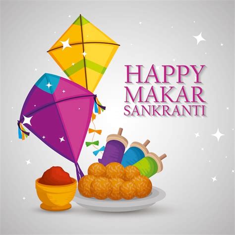 Happy Makar Sankranti Greeting With Kites And Food Vector Free Download