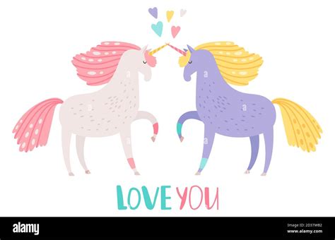 Cute Cartoon Unicorns In Love Vector Illustration Unicorn Magic Horse