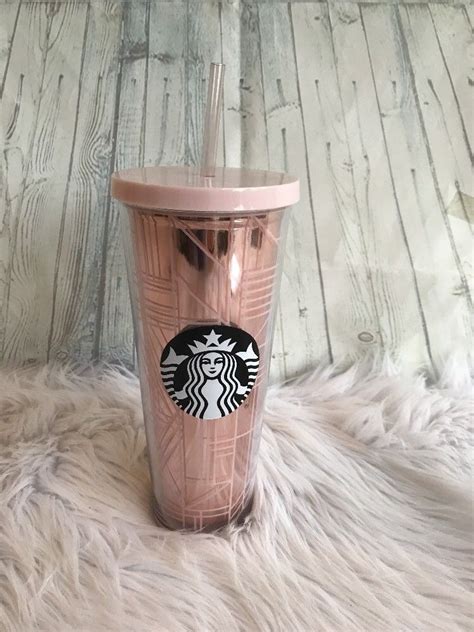 2017 Starbucks Cold Cup Pink Rose Gold Sequins Tumbler 24oz Venti For