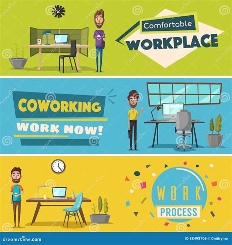 Modern Workplaces Creative Characters Office Work Cartoon Vector Illustration Stock Vector