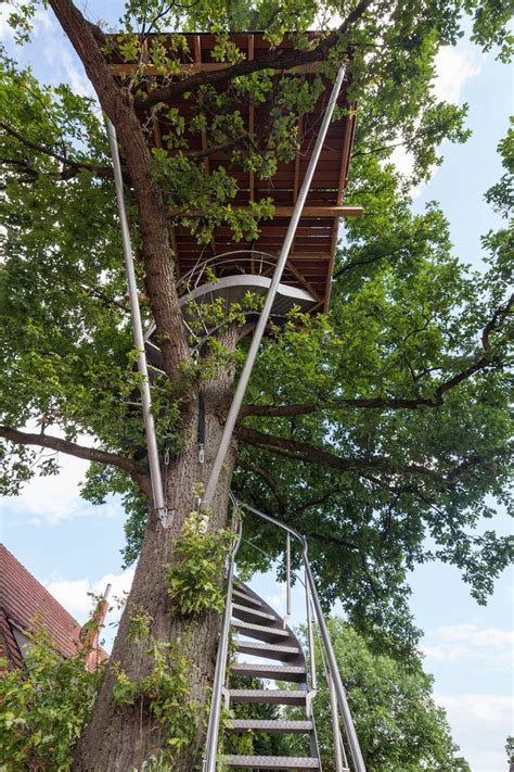 Domed Shaped Tree House Accessed Via A Winding Steel