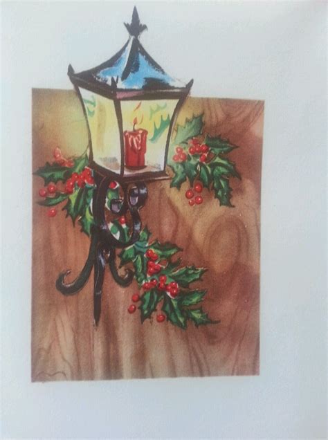 Vintage 1950s Unused Glittered Christmas Card With Lantern And Holly