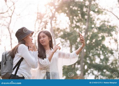 Two Young Attractive Asian Girls Take A Selfie At The Park Stock Image Image Of Joyful Pretty