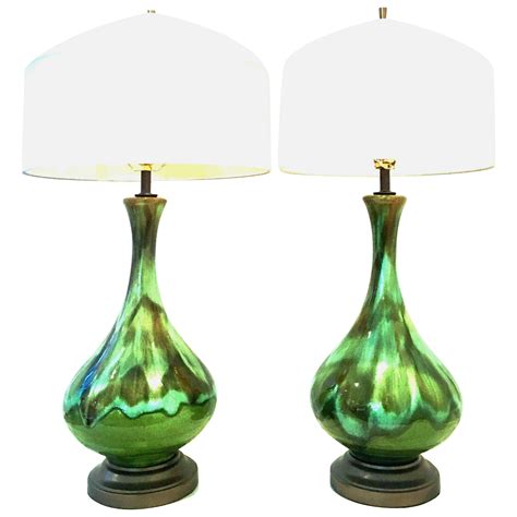 Mid Century Modern Pair Of Monumental Ceramic Drip Glaze Table Lamps