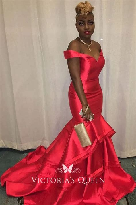 Timeless Mermaid Red Satin Off The Shoulder Asymmetrical Layered Prom Dress Vq