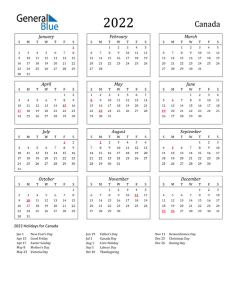 2022 Canada Calendar With Holidays